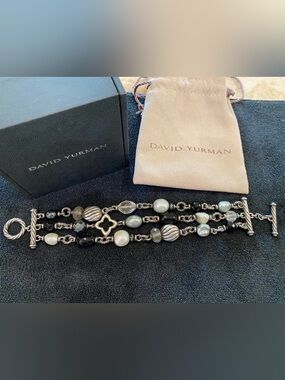 David Yurman Three Row Stirling Silver, Gemstone, Quatrefoil and Bead Bracelet
